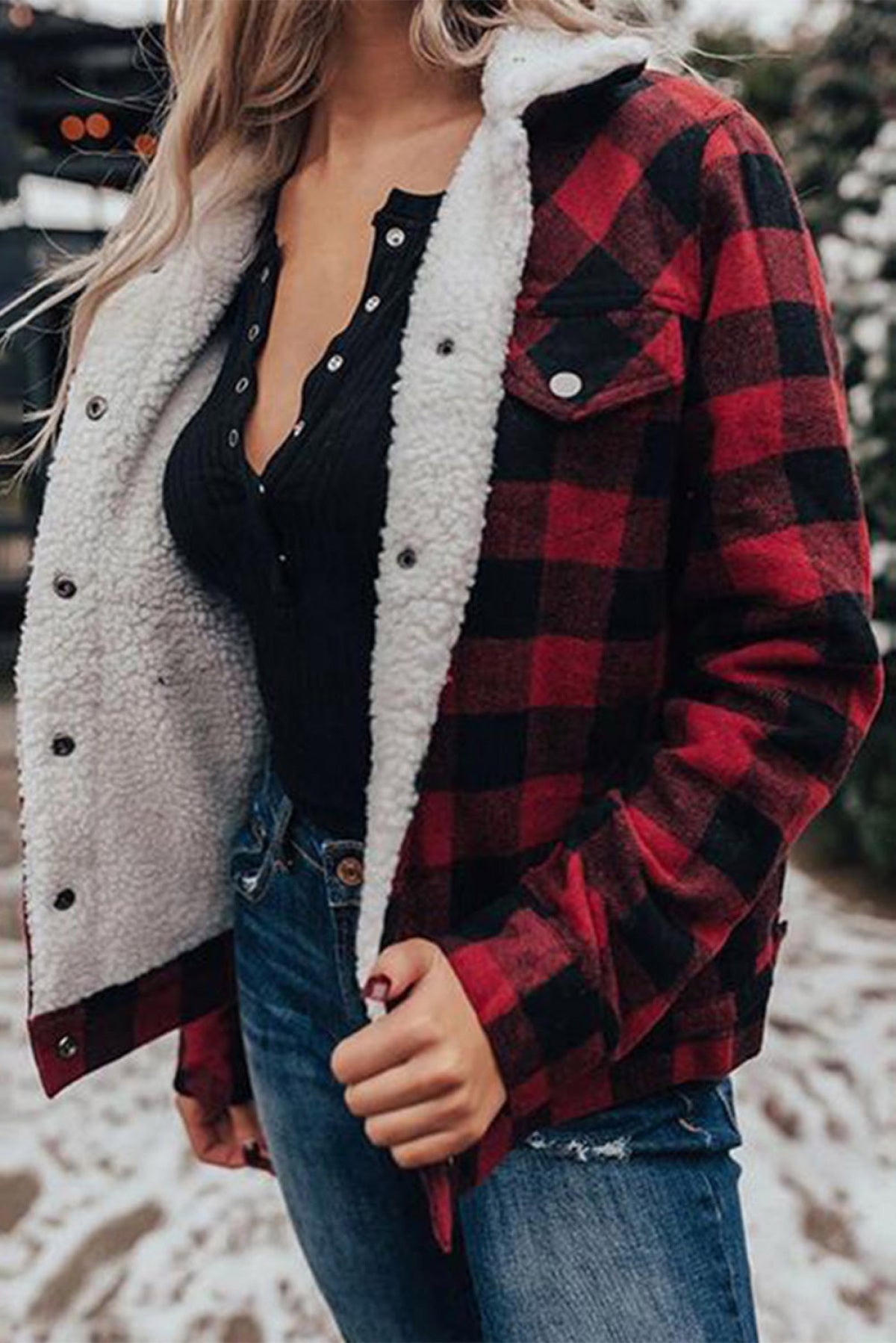 Plaid Print Fleece Button Jacket