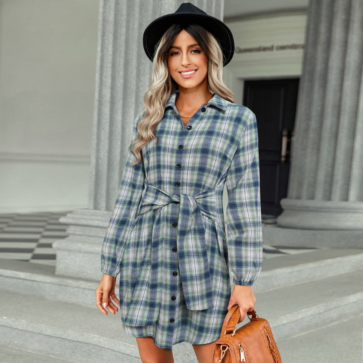 Long Sleeve Plaid Single-Breasted Shirt Dress with Belt