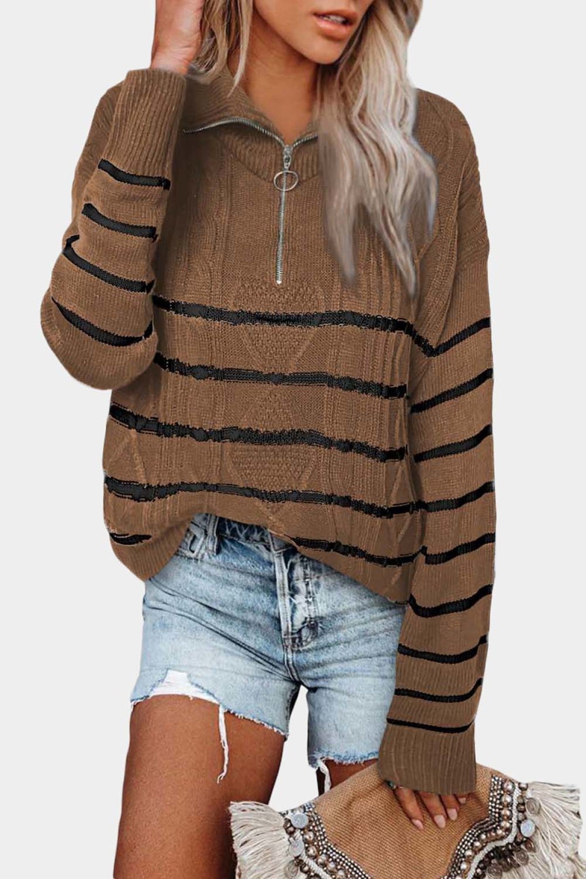 Brown Striped Half Zip Pullover Sweater