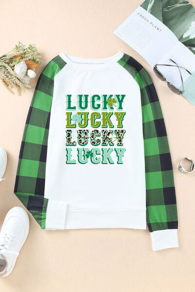 LUCKY Plaid Round Neck Raglan Sleeve T-Shirt