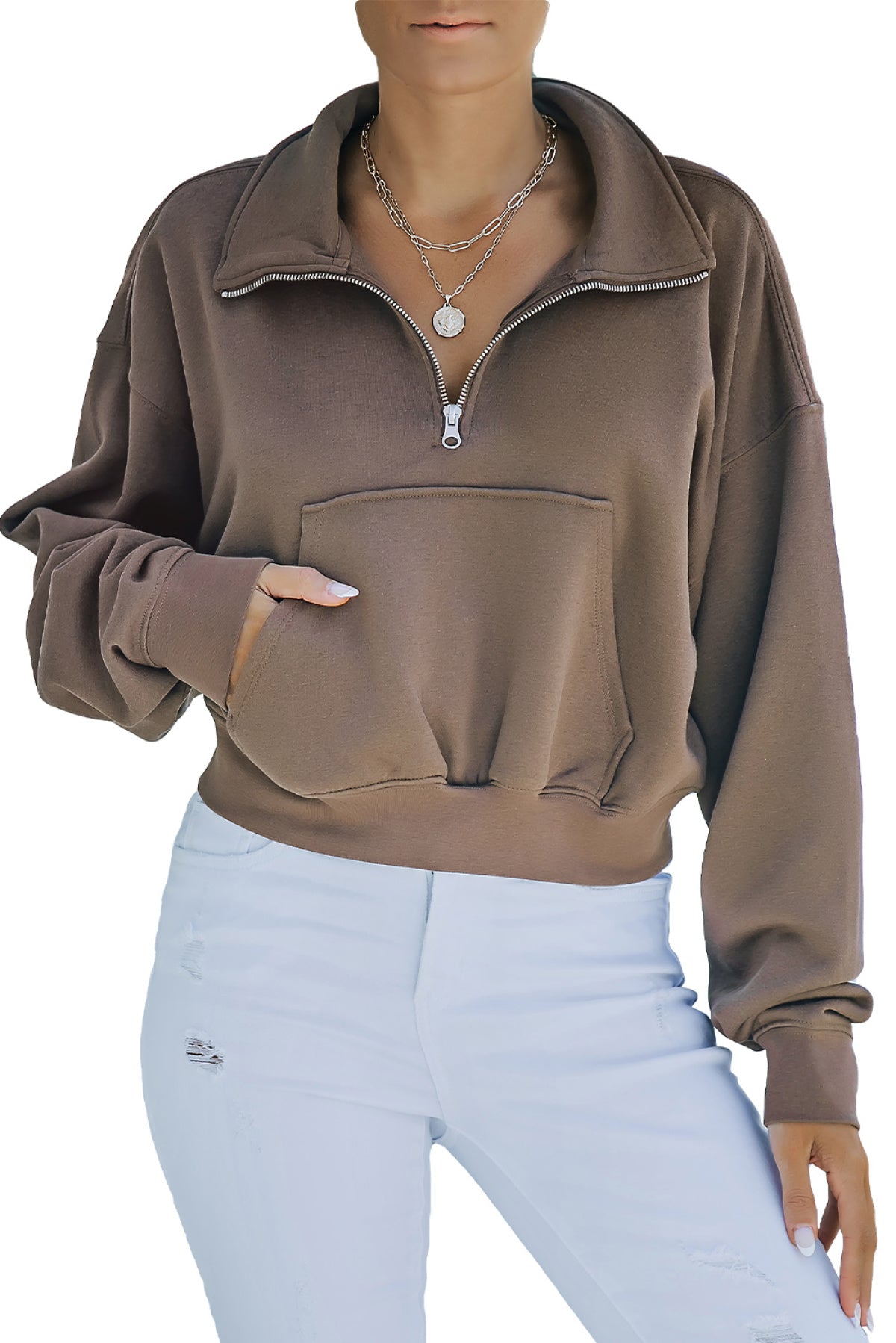 Brown Zipped Turn Down Collar Cropped Sweatshirt With Pocket