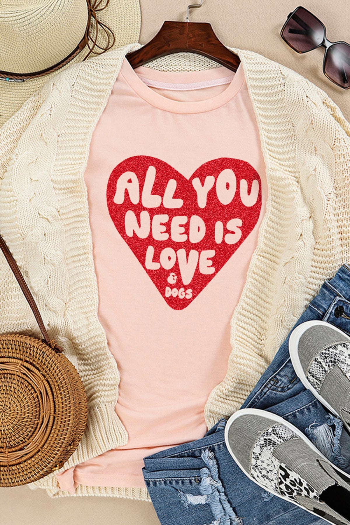 Pink All YOU NEED IS LOVE Heart Glitter Graphic T-Shirt