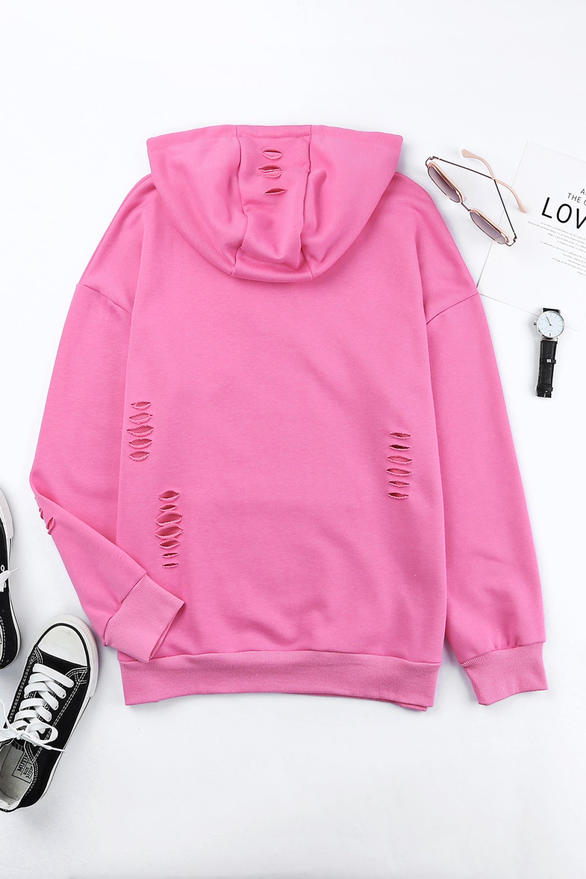 Pink Shabby Distressed Drawstring Hoodie