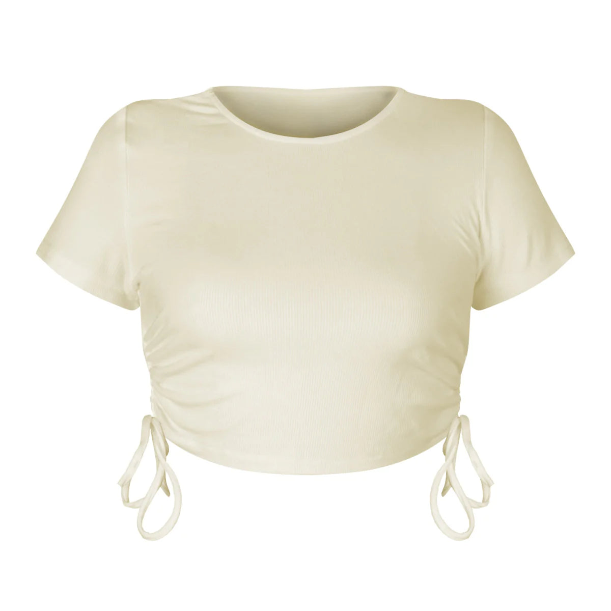 Round Neck Drawstring Rouching Solid Color Crop T-shirt