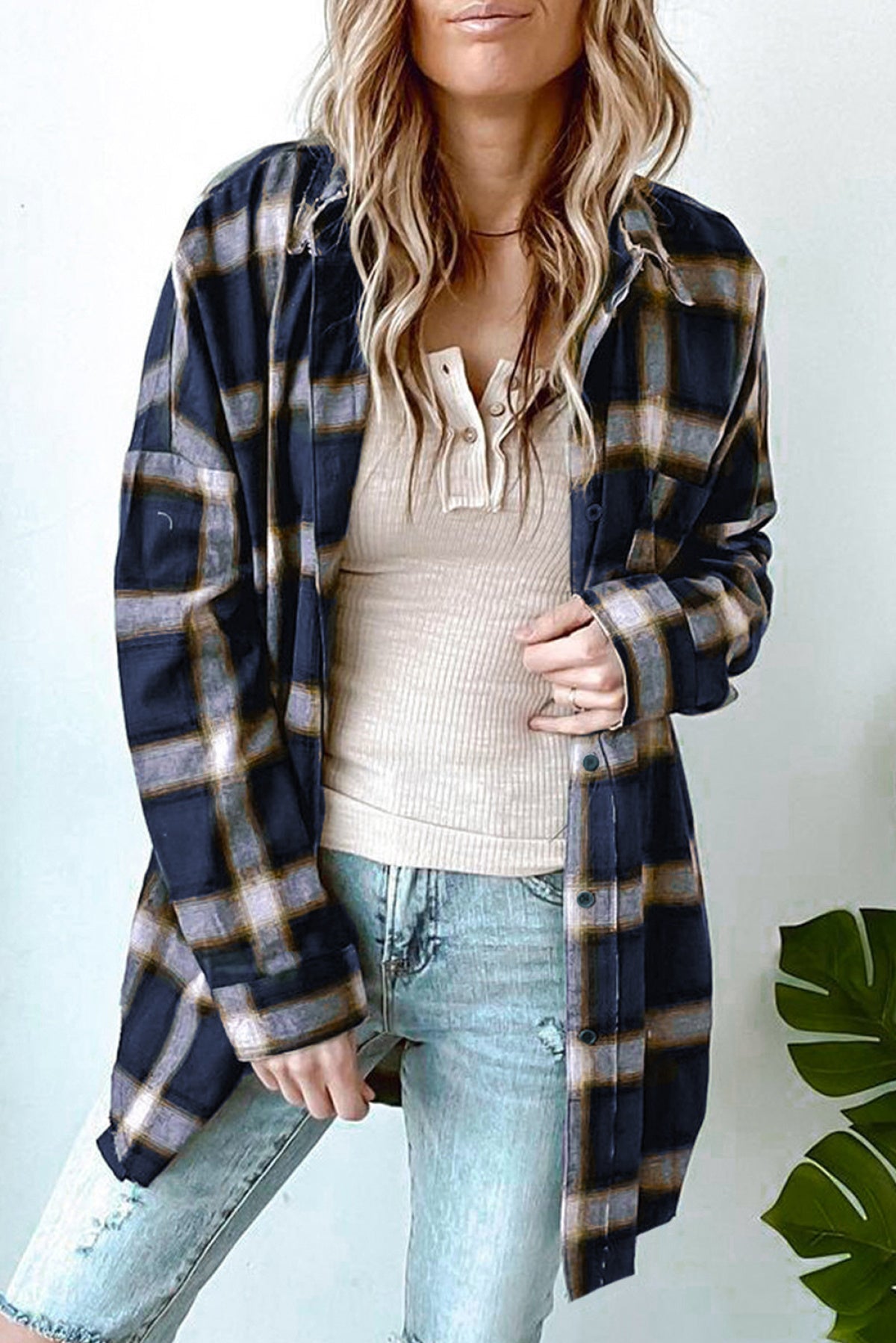 Drop Shoulder Plaid Buttons Shirt