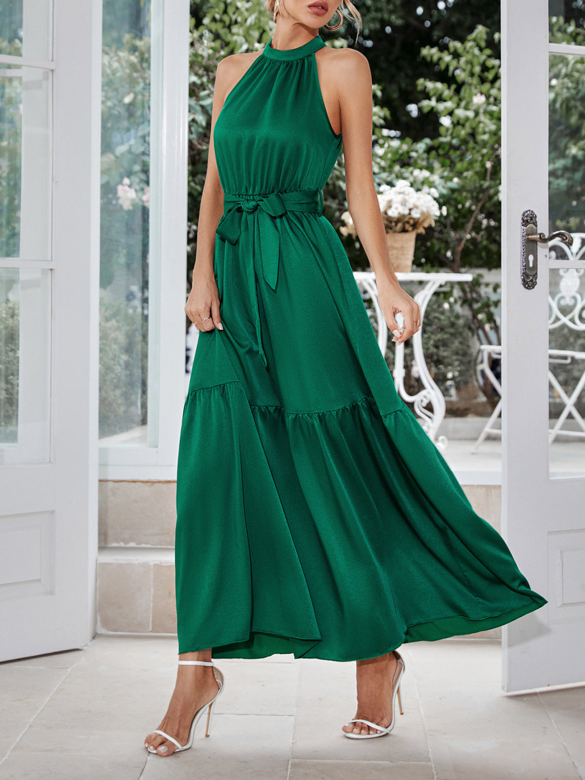 Halter Neck Tie Waist Solid Color Maxi Dress