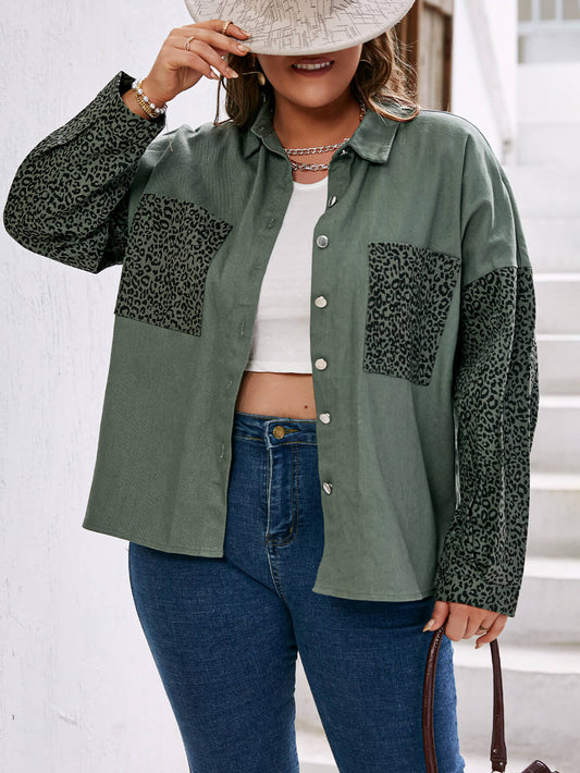 Plus Size Leopard Button Front Dropped Shoulder Shirt Jacket