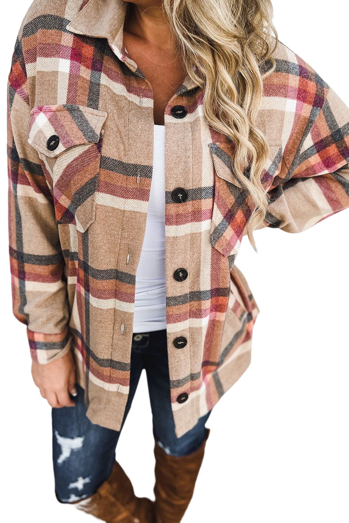 Khaki Chest Pockets Buttoned Oversized Plaid Shacket