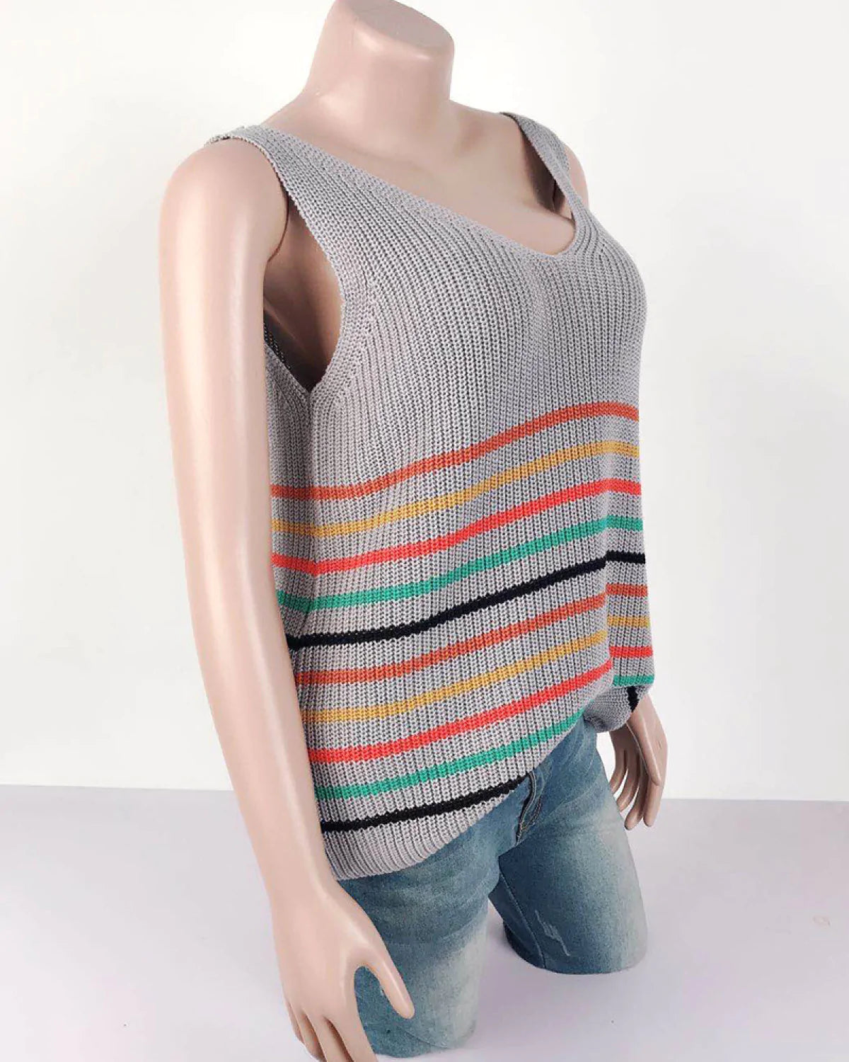 U-Neck Striped Knitted Sleeveless Vest