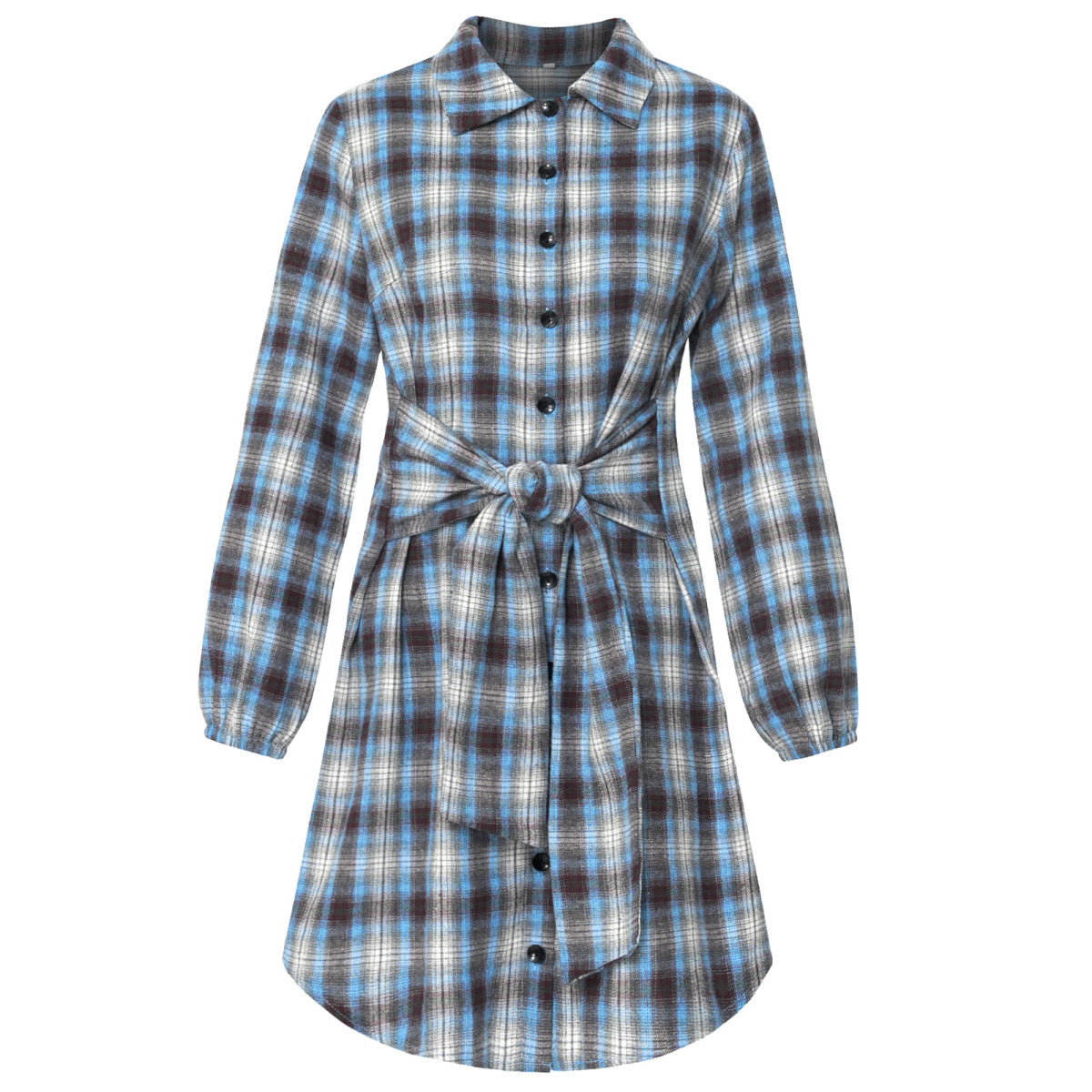 Long Sleeve Plaid Single-Breasted Shirt Dress with Belt