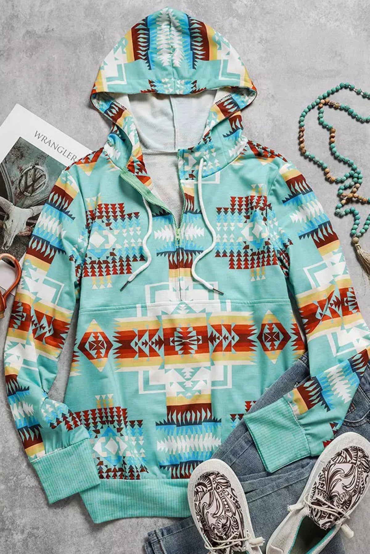 Sky Blue Aztec Geometric Drawstring Zipper Hoodie