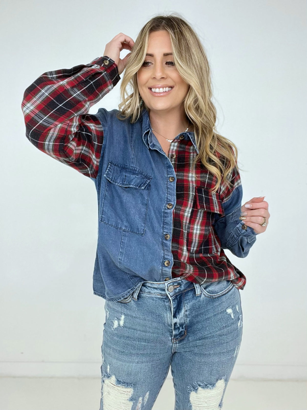 Easel "Plaid Denim Fusion" Washed Plaid Denim Shirt with Flap Pockets