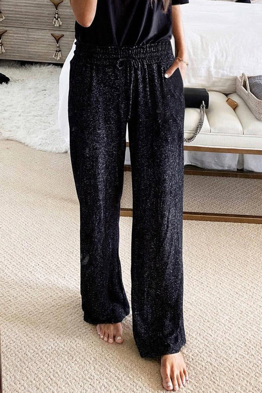 Black Metallic Drawstring High Waist Wide Leg Pants