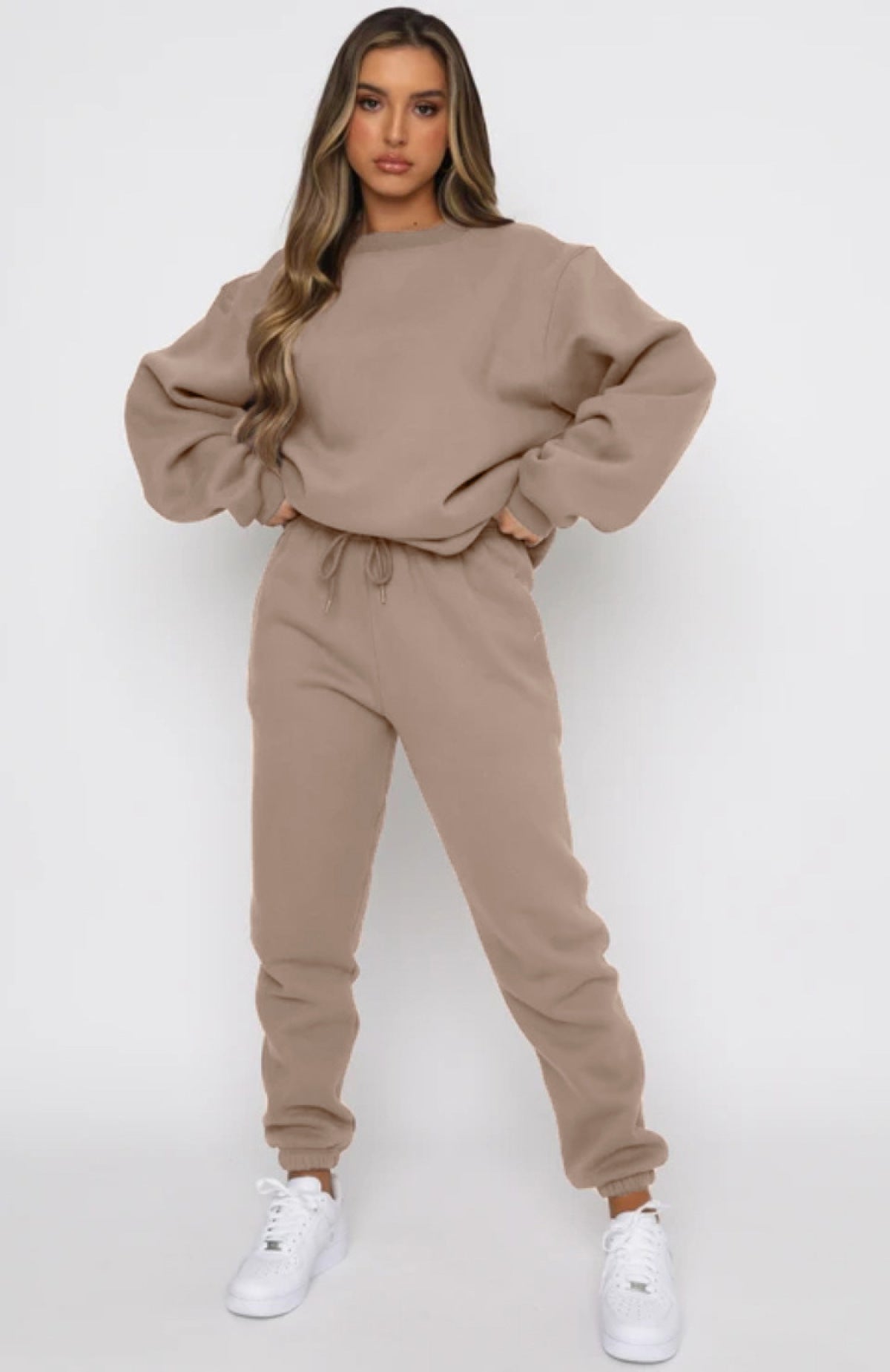 Solid Color Round Neck Long-Sleeved Sweatshirt & Sweatpants Set