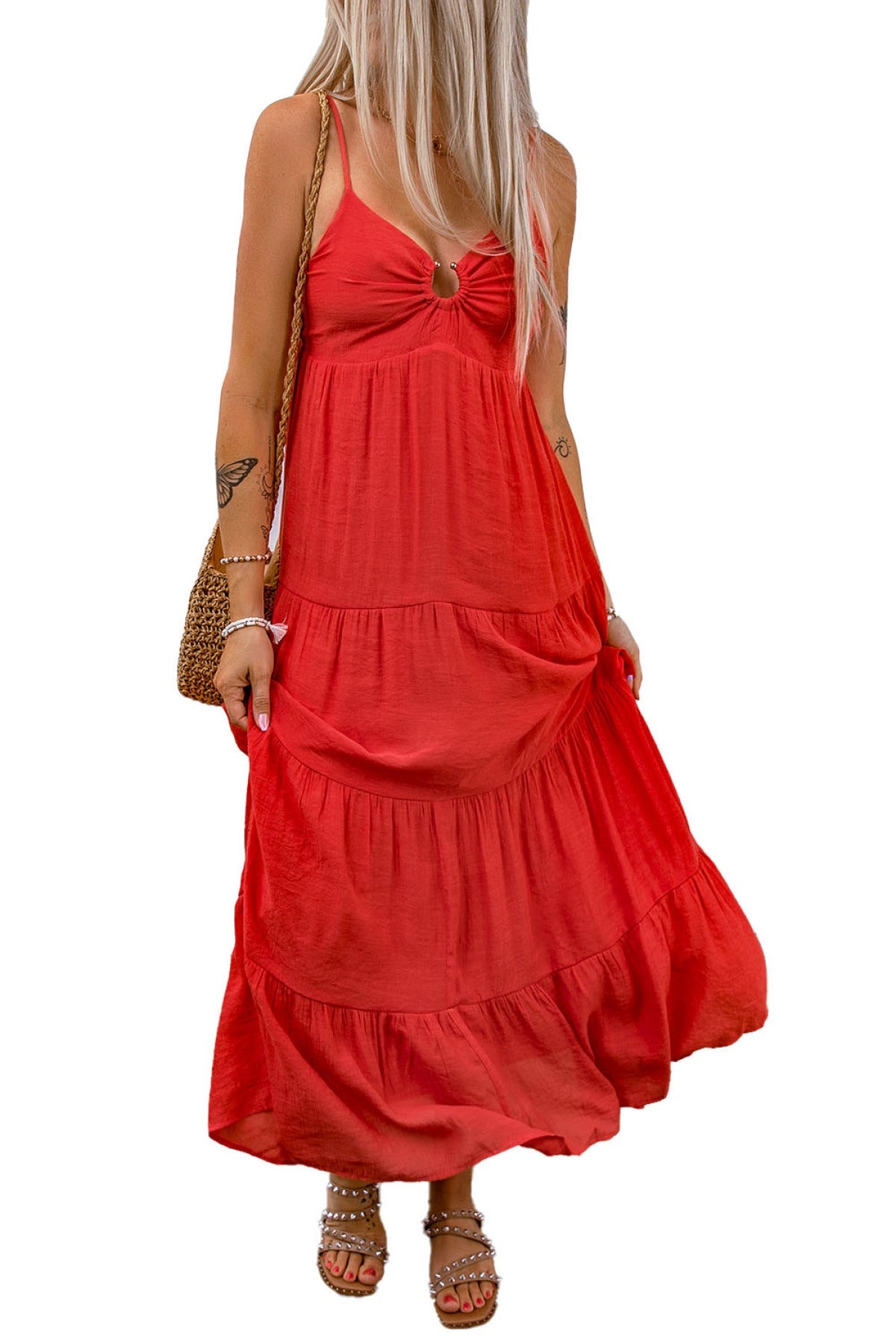 Red O-Ring Smocked Back Spaghetti Straps Tiered Maxi Dress