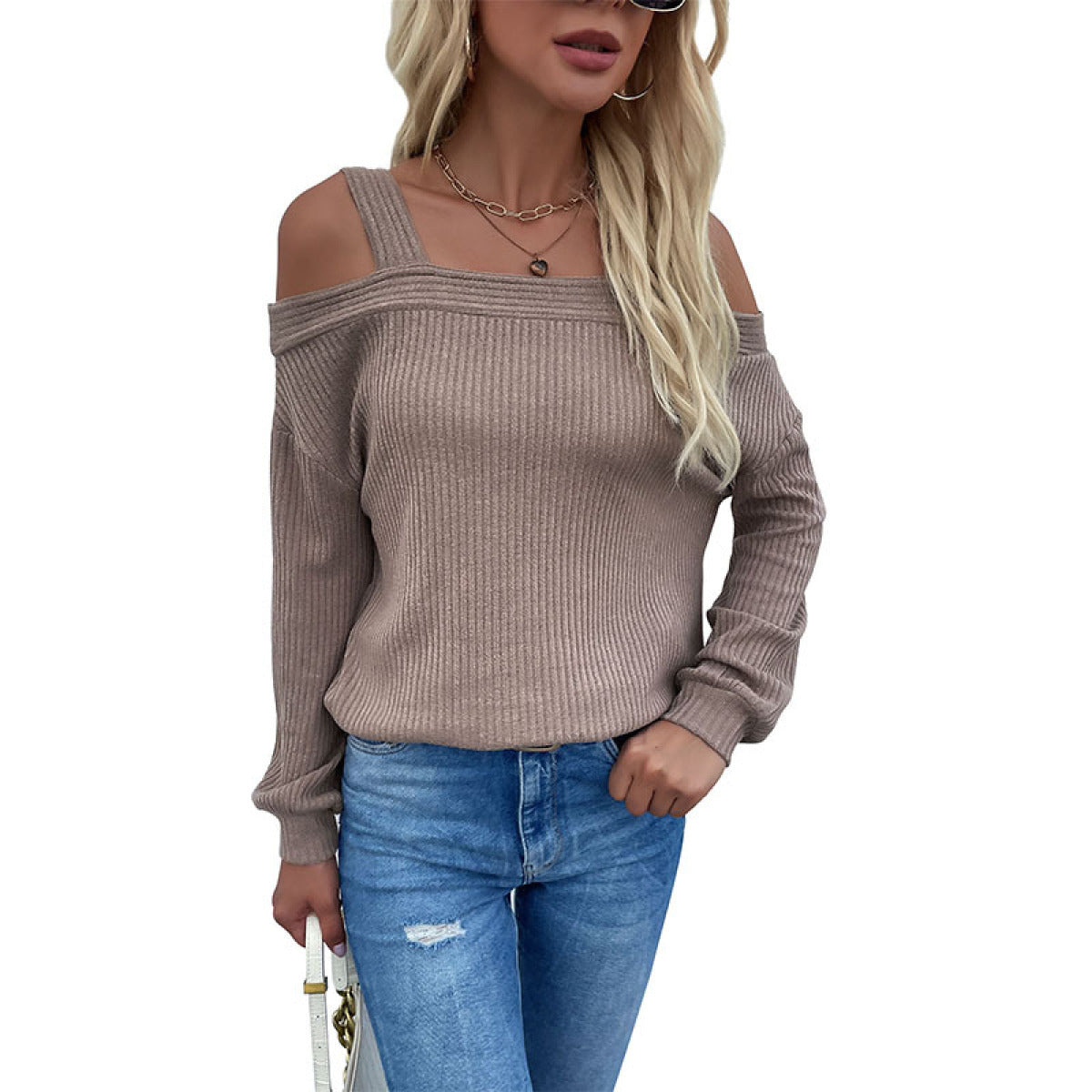 Khaki Cold-Shoulder Long Sleeve Sweater