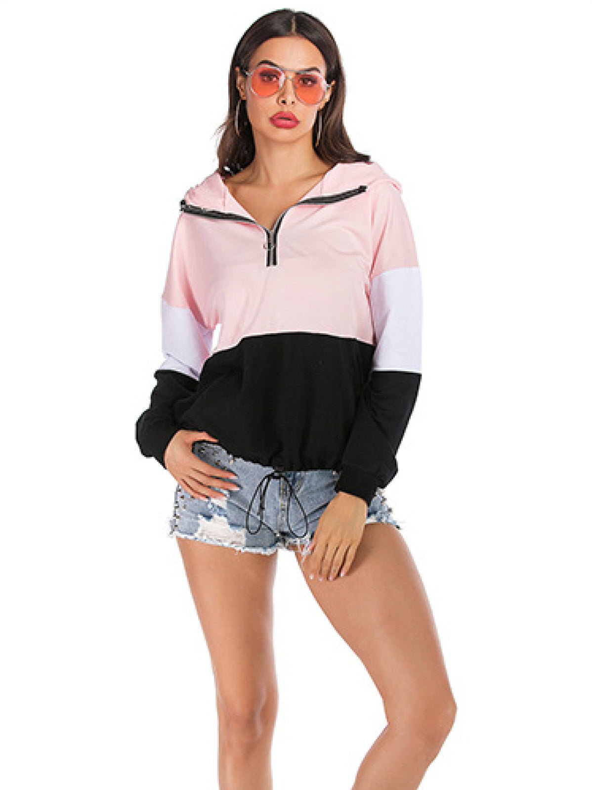 Plus Size Colorbock Half Zip Drawstring Hoodie