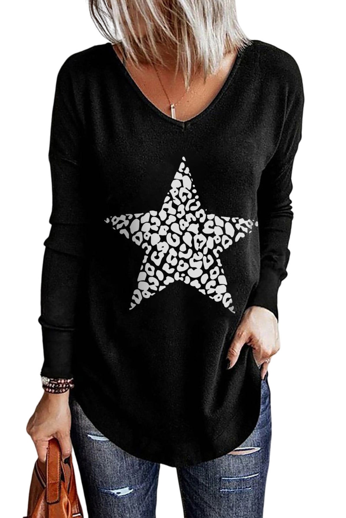 Black Leopard Star Print V Neck Long Sleeve Top