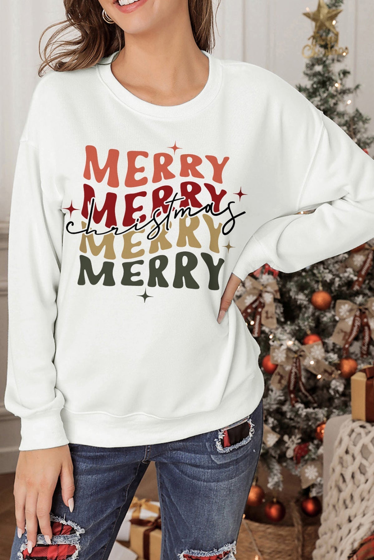 Beige MERRY Christmas Letter Graphic Print Pullover Sweatshirt