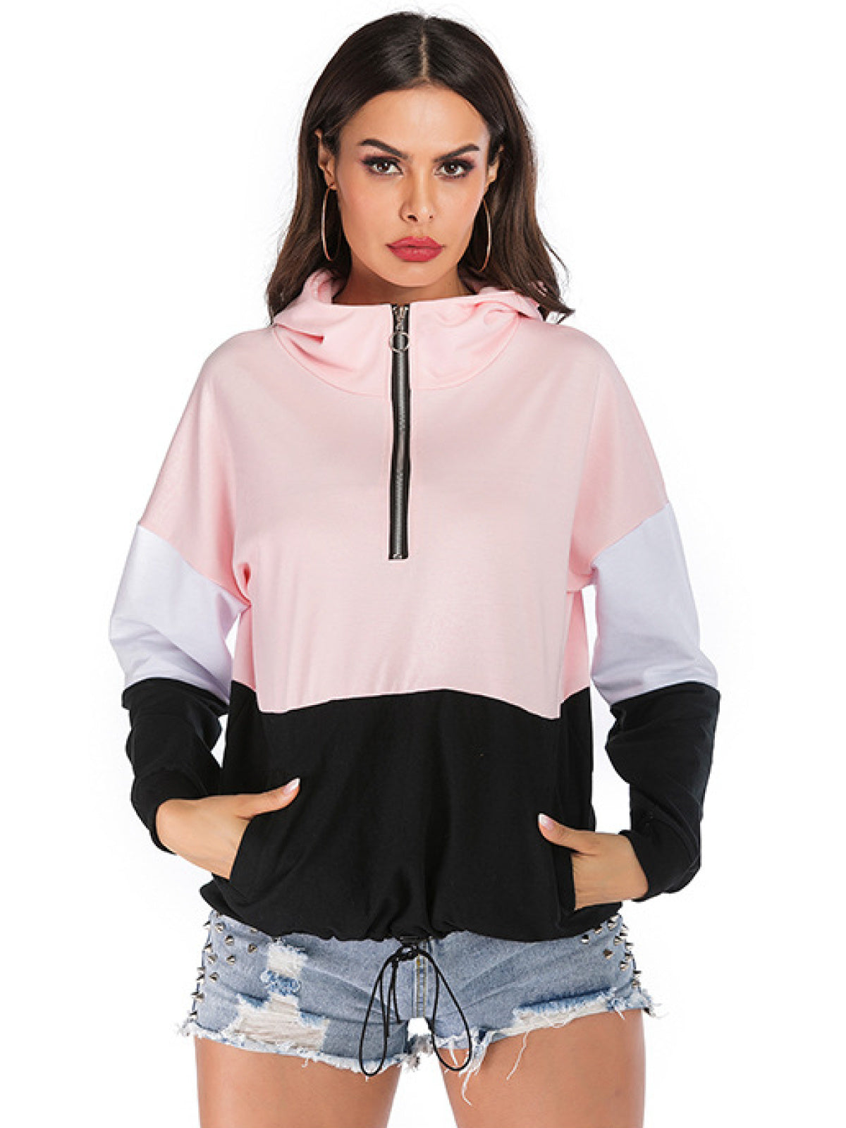 Plus Size Colorbock Half Zip Drawstring Hoodie