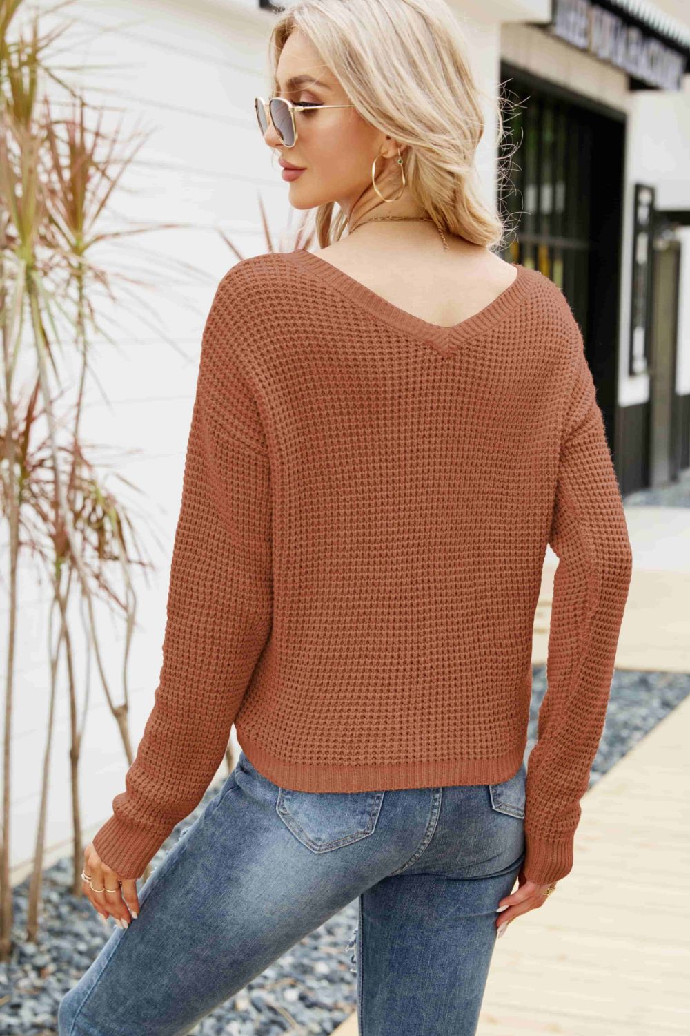 Waffle-Knit Drawstring Detail V-Neck Sweater