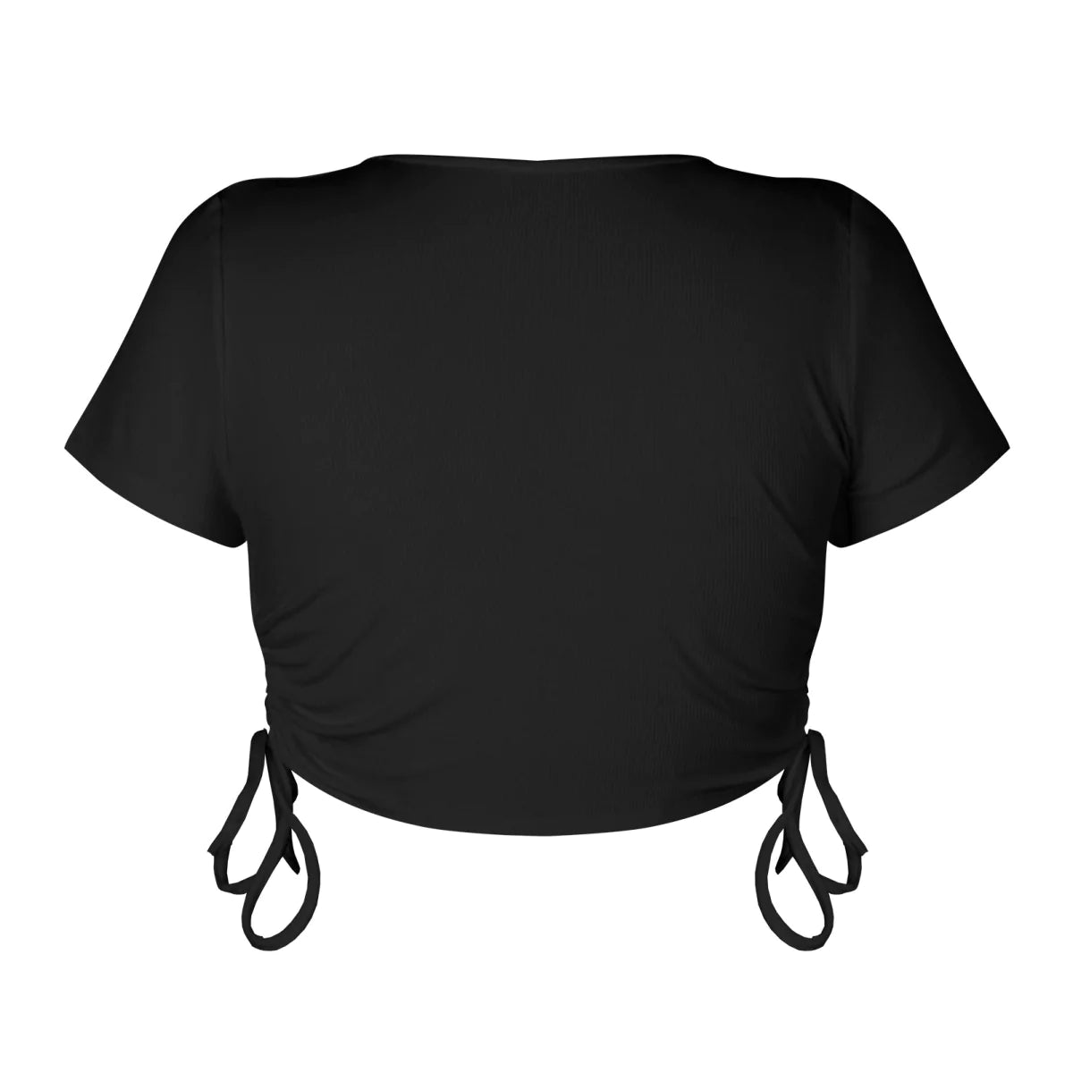 Round Neck Drawstring Rouching Solid Color Crop T-shirt