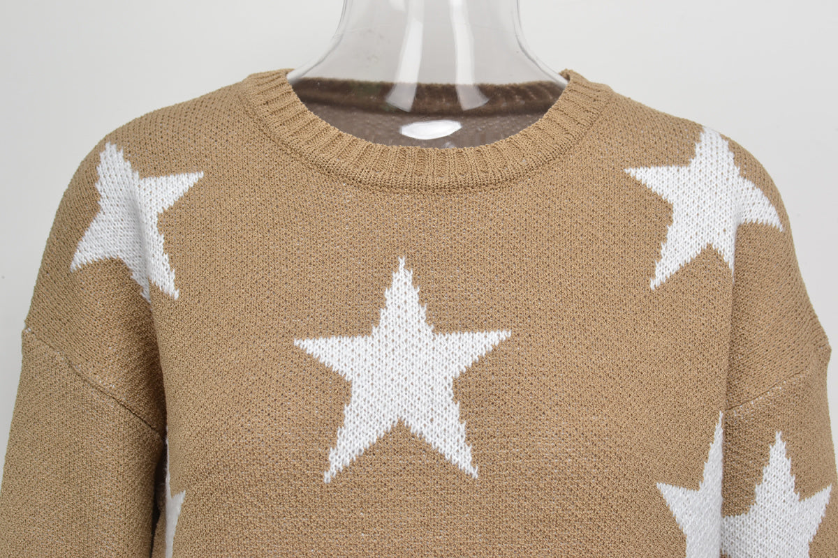 Crew Neck Long Sleeve Stars Graphics Sweater