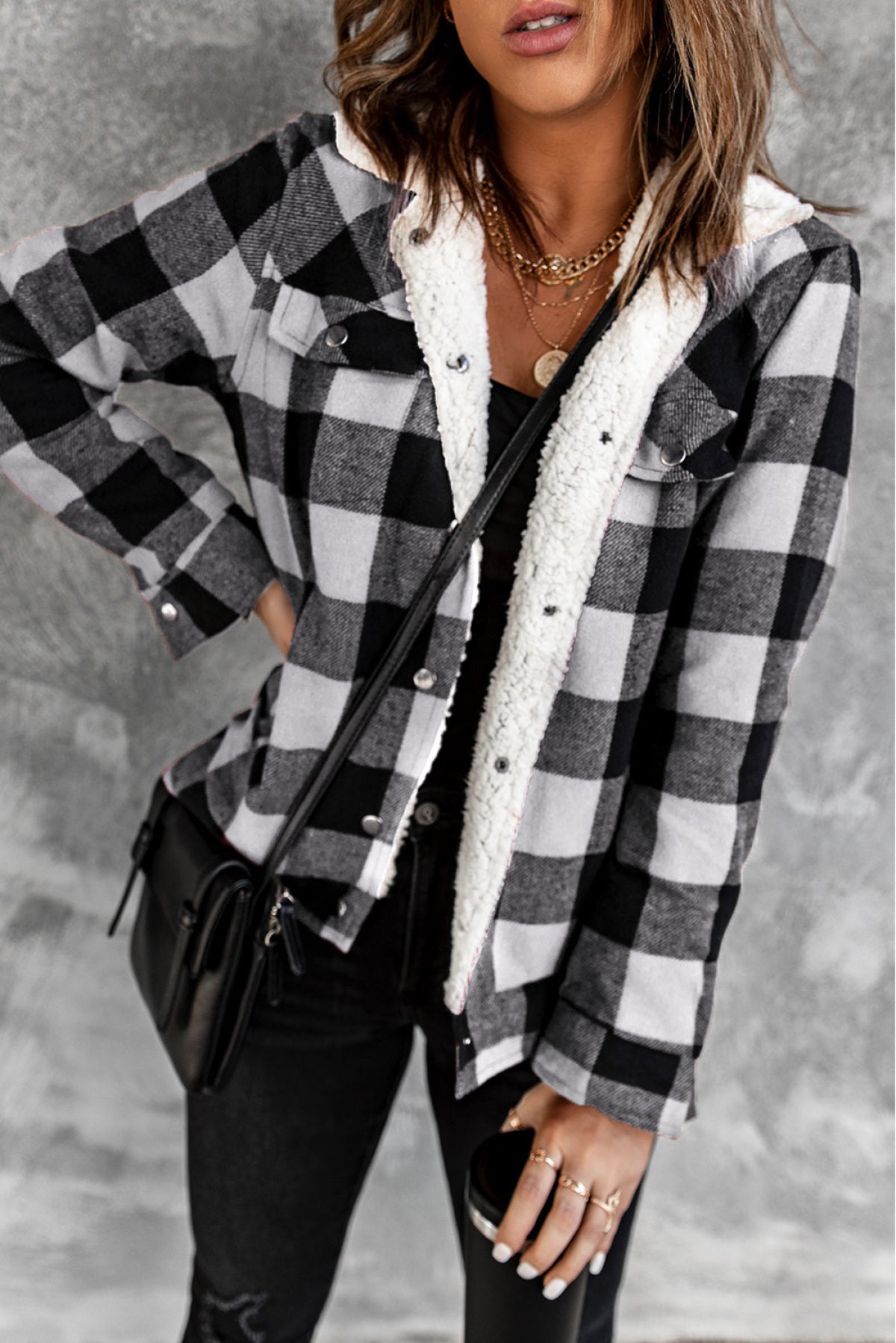 Plaid Print Fleece Button Jacket