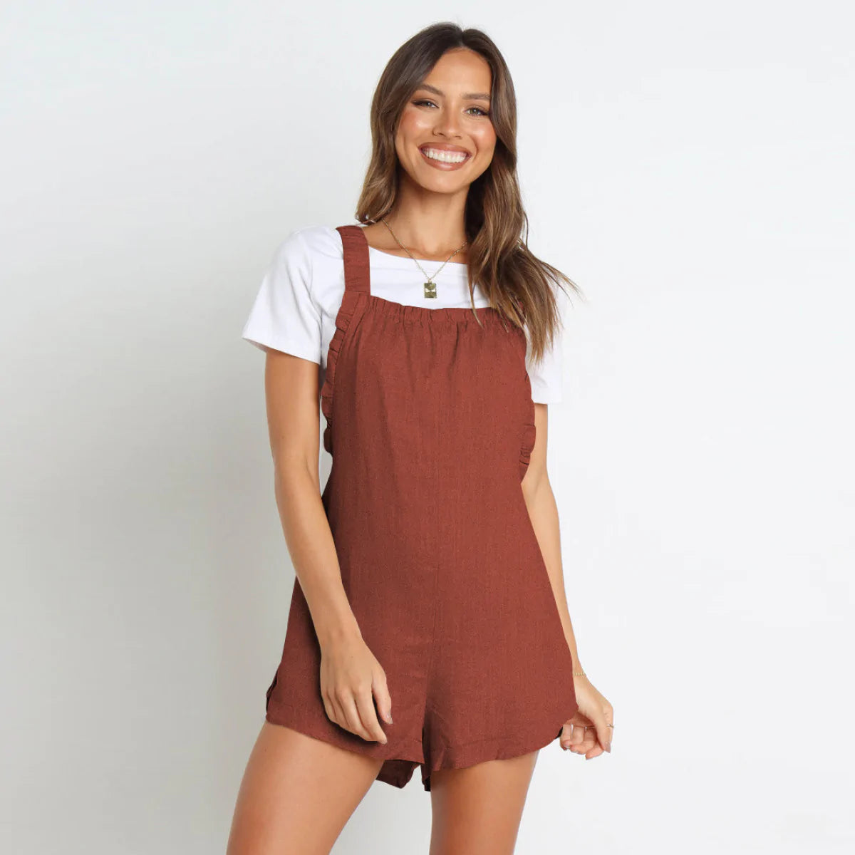 Solid Color Ruffle Overall with Pockets