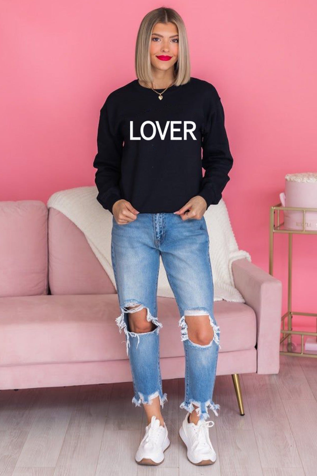 Black LOVER Letter Print Crew Neck Pullover Sweatshirt