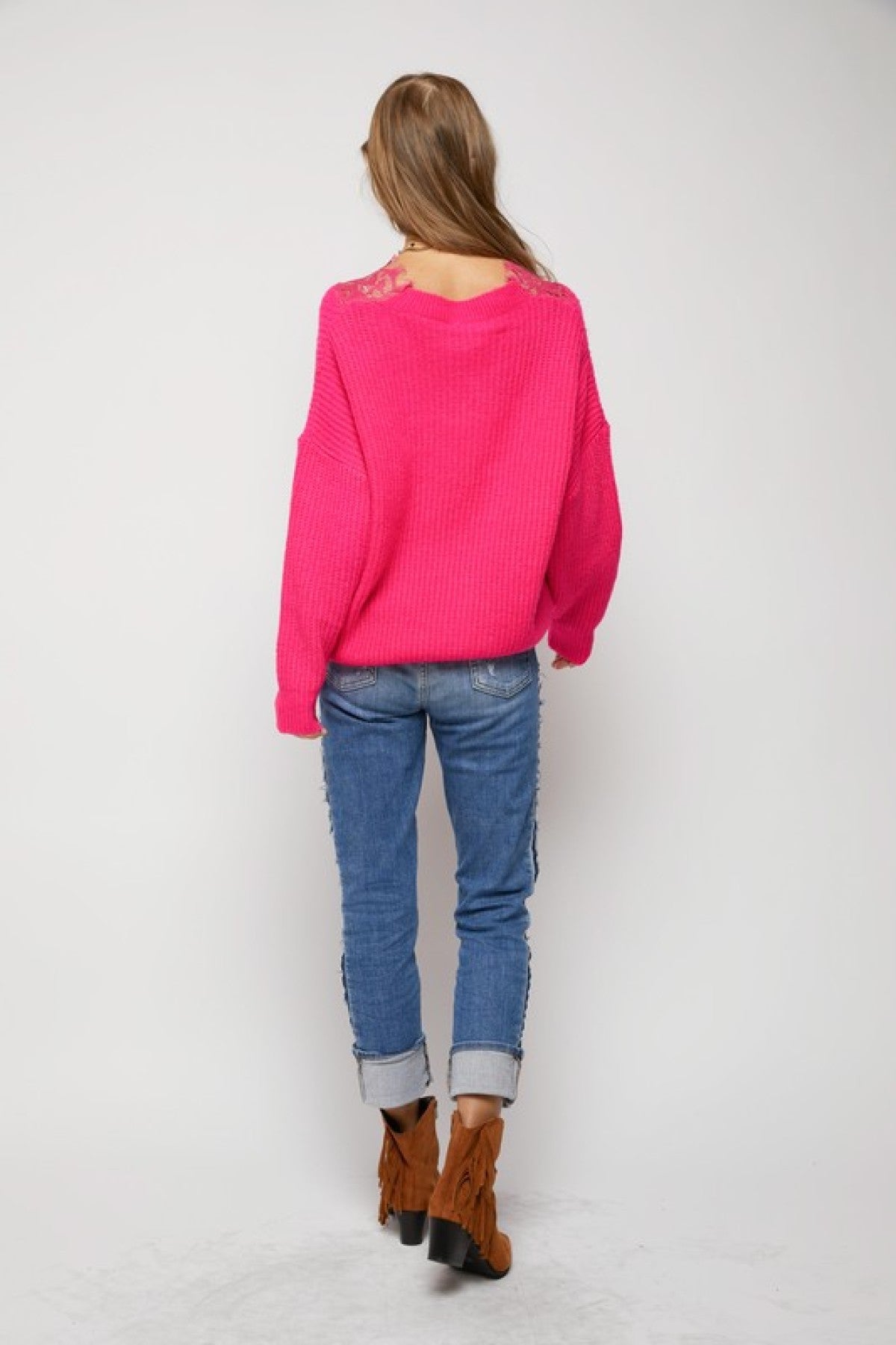 Davi & Dani Floral Lace V Neck Ribbed Knit Sweater