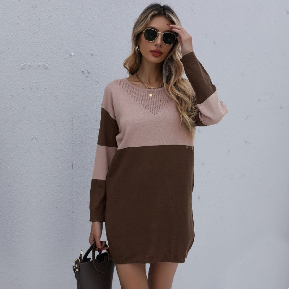 Round Neck Long Sleeve Colorblock Sweater Dress