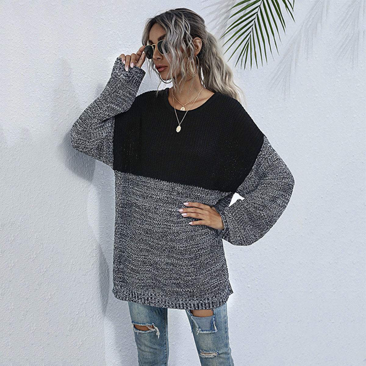 Colorblock Long Sleeve Mid-Length Knit Sweater