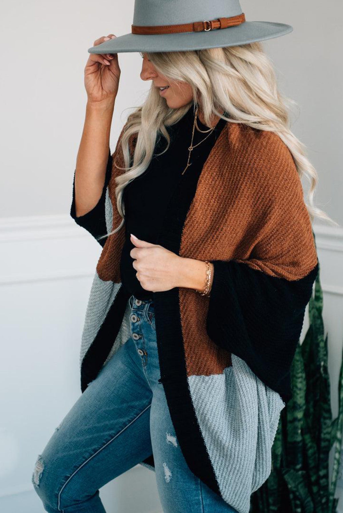 Brown Neutral Colorblock Drapey Cardigan