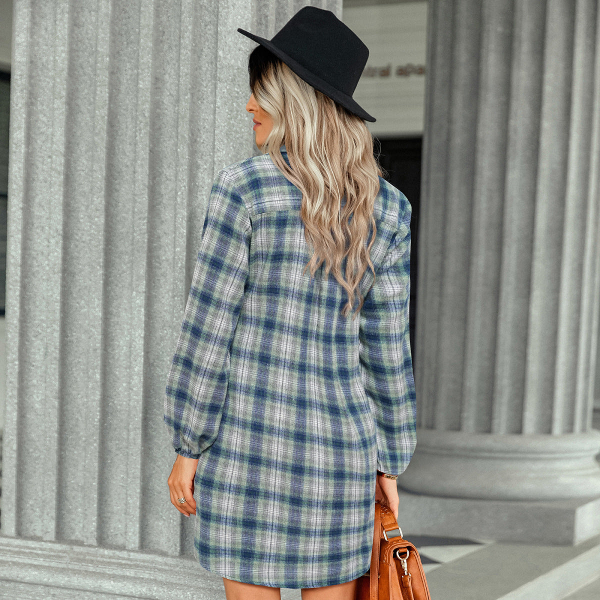 Long Sleeve Plaid Single-Breasted Shirt Dress with Belt