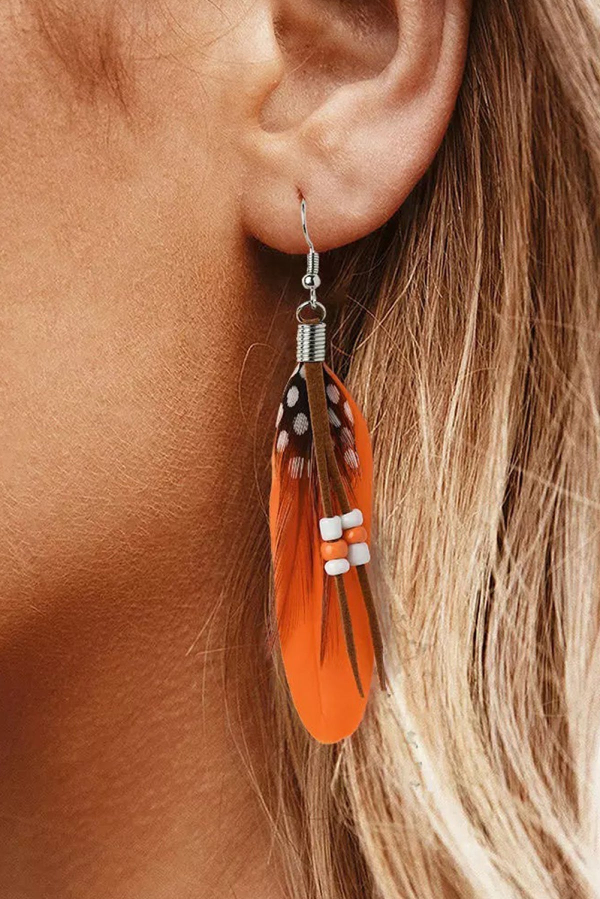 Orange Rice Bead Long Peacock Feather Earrings