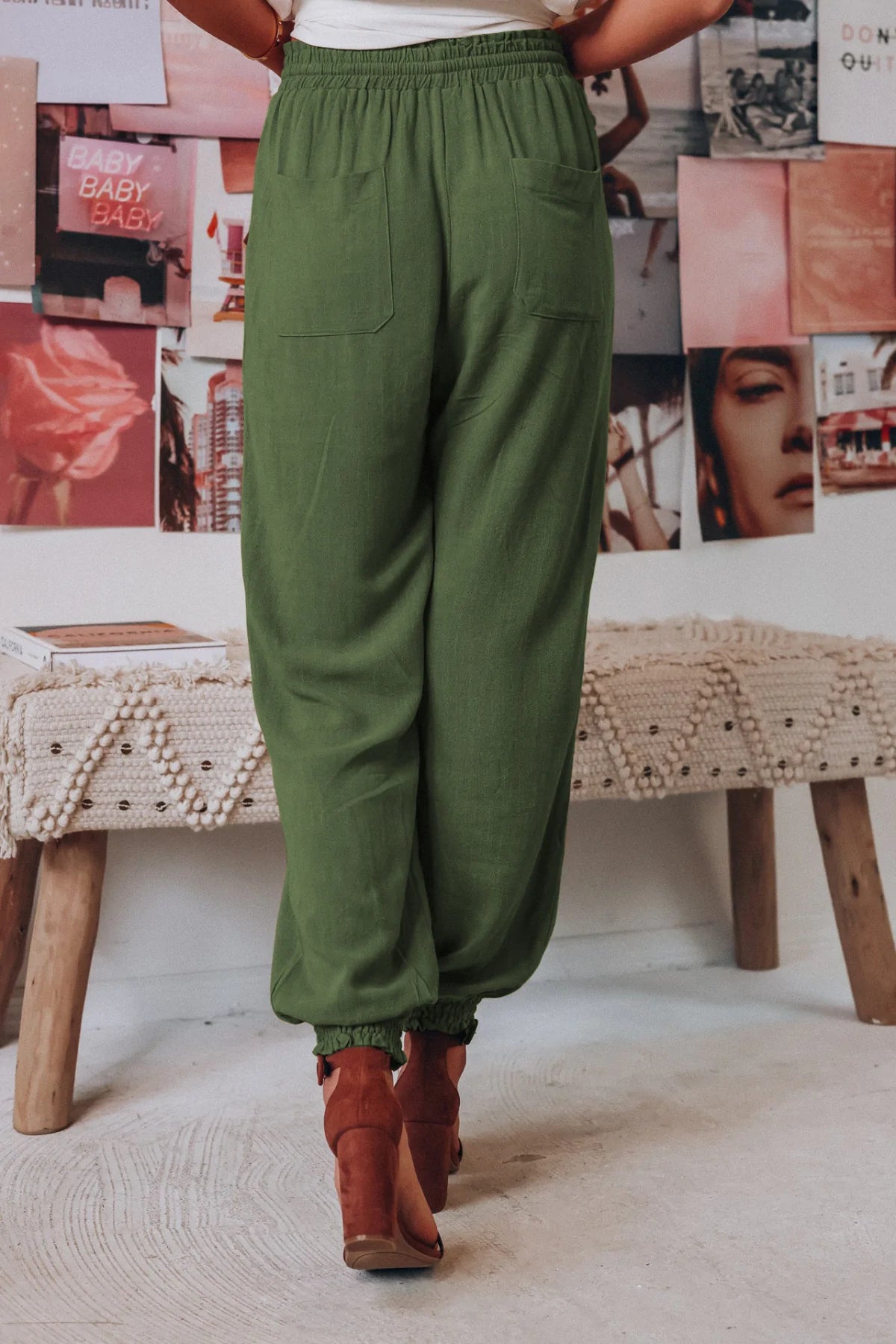 Solid Color Tie-waist Tapered Pants