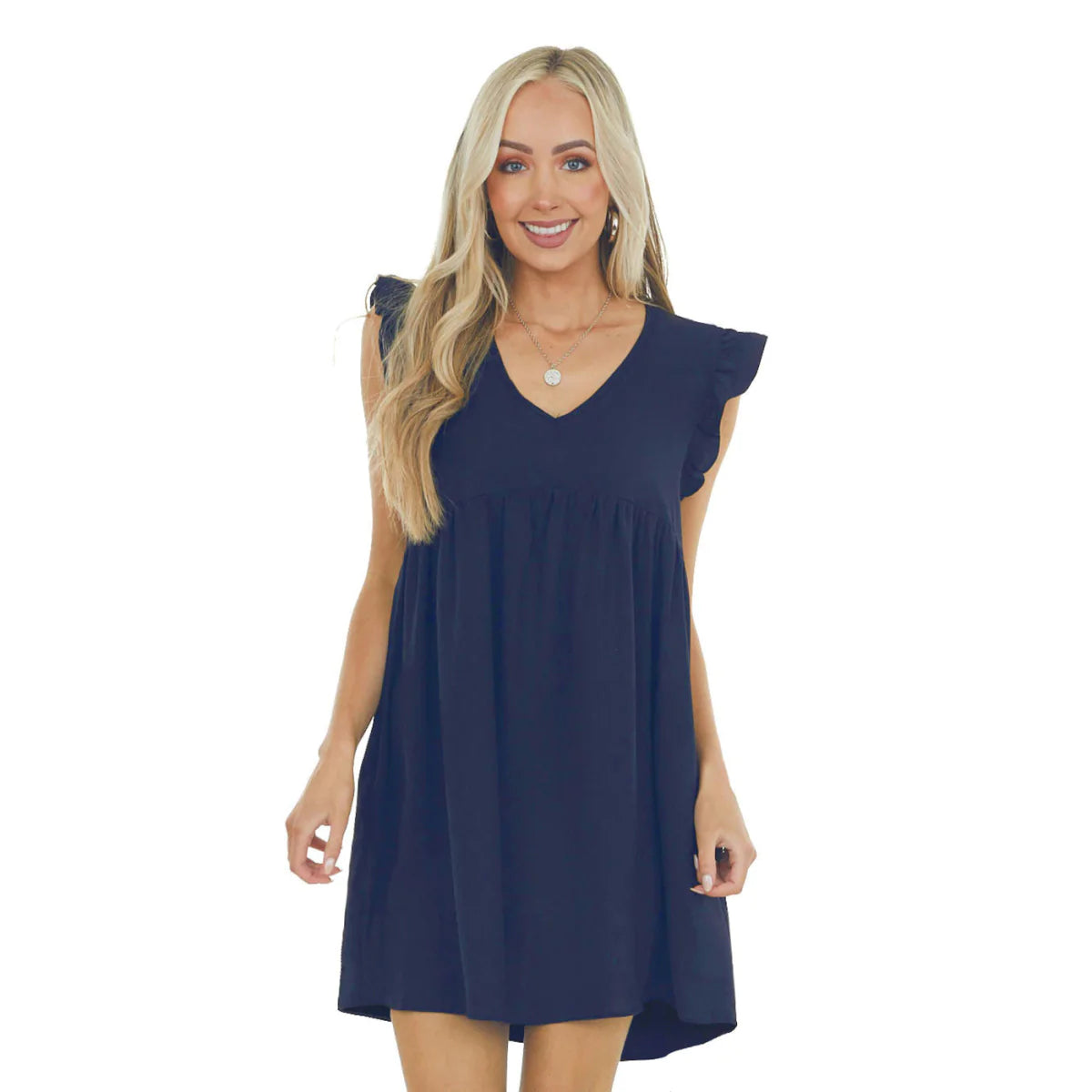 V-neck Solid Color Ruffle Sleeve A-line Mini Dress