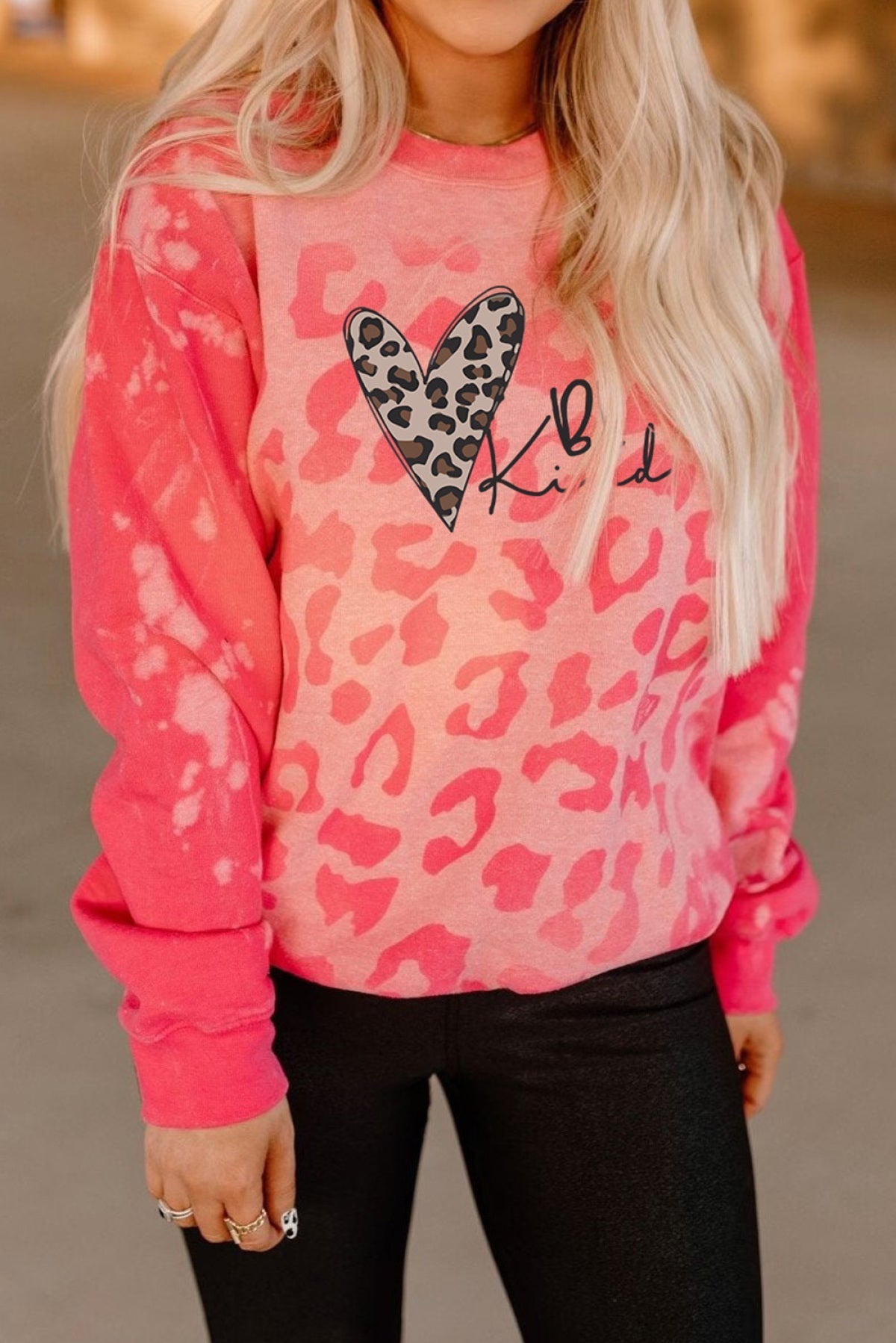 Pink Be Kind Leopard Heart Print Long Sleeve Sweatshirt