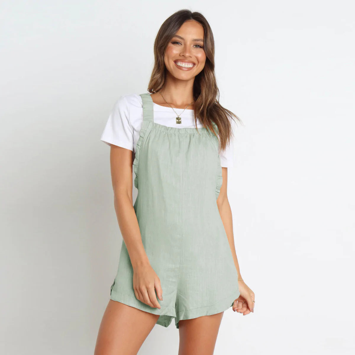 Solid Color Ruffle Overall with Pockets