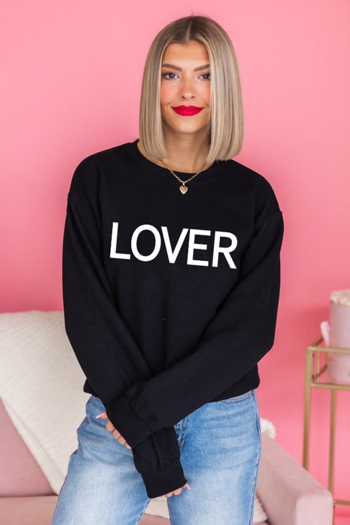 Black LOVER Letter Print Crew Neck Pullover Sweatshirt