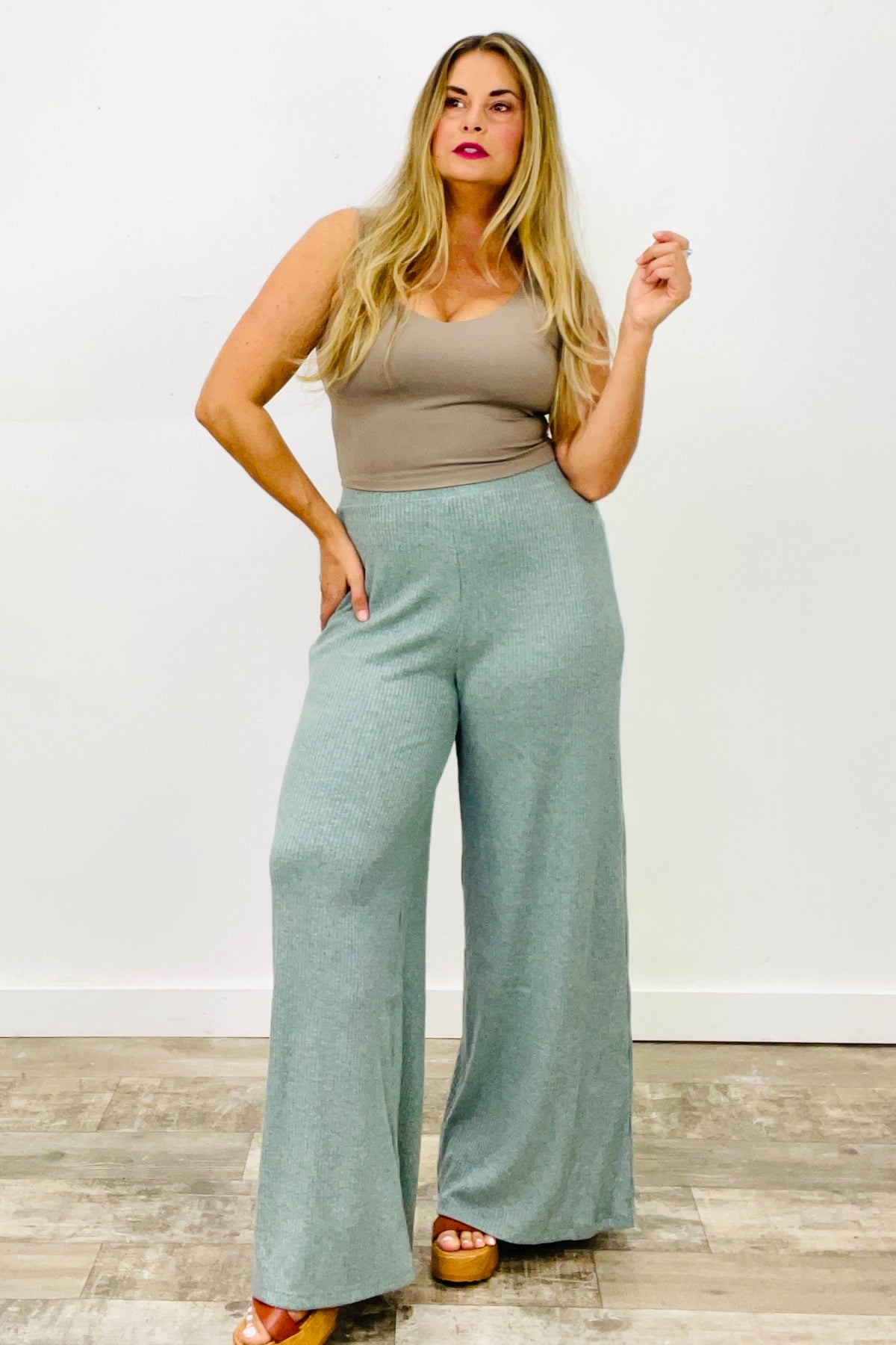 Zenana Two Tone Rib Wide Leg Pants