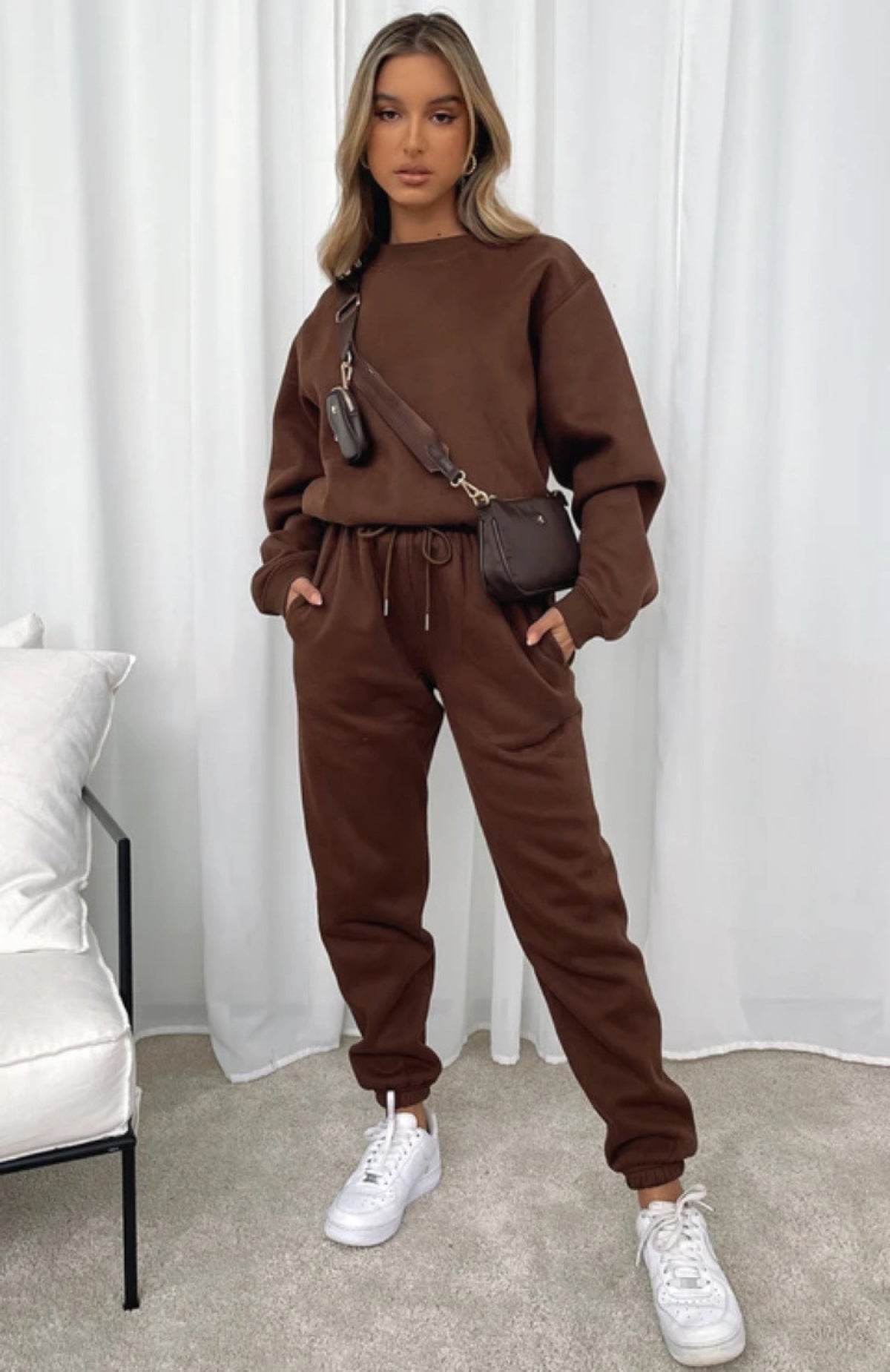 Solid Color Round Neck Long-Sleeved Sweatshirt & Sweatpants Set