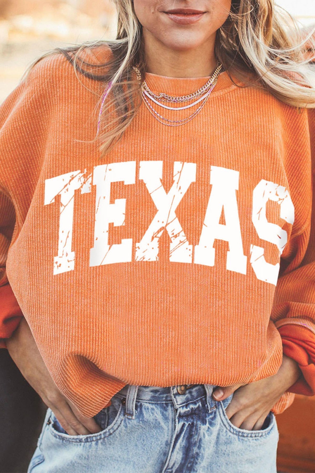 Orange TEXAS Ribbed Knit Long Sleeve Sweatshirt