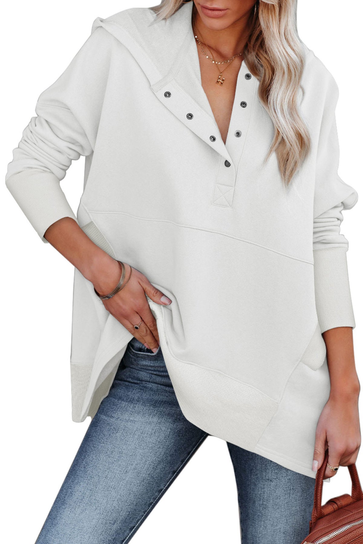 Batwing Sleeve Pocketed Henley Hoodie