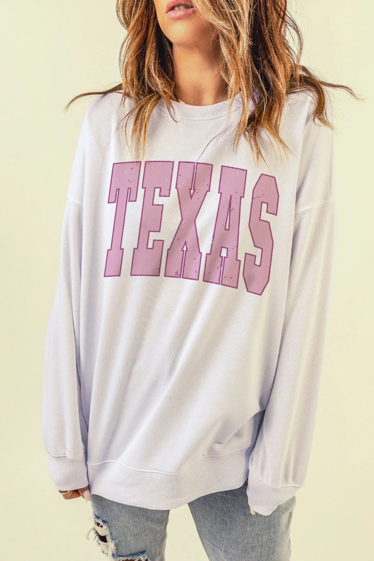 White TEXAS Drop Shoulder Oversized Pullover Sweatshirt