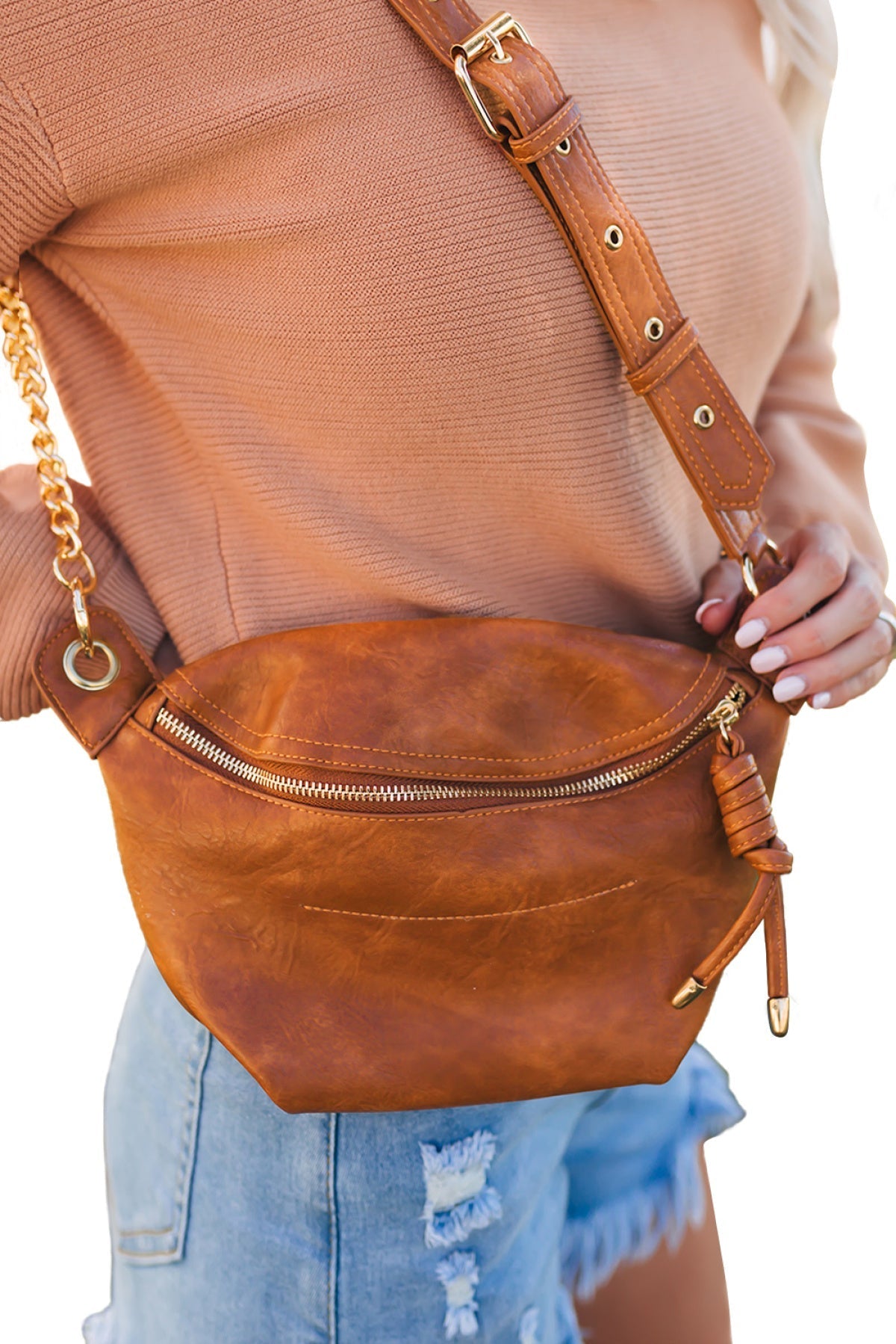 Brown PU Leather Adjustable Strap Zipped Chest Pockets