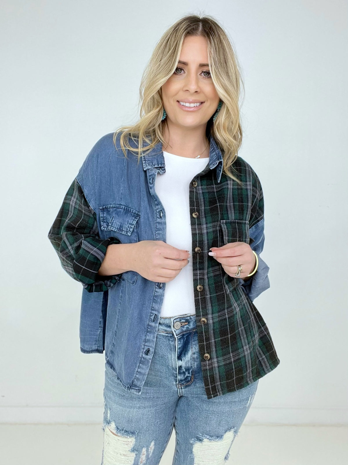 Easel "Plaid Denim Fusion" Washed Plaid Denim Shirt with Flap Pockets