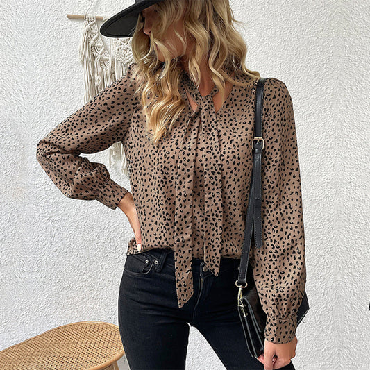 V-Neck Lantern Sleeve Leopard Tie Blouse