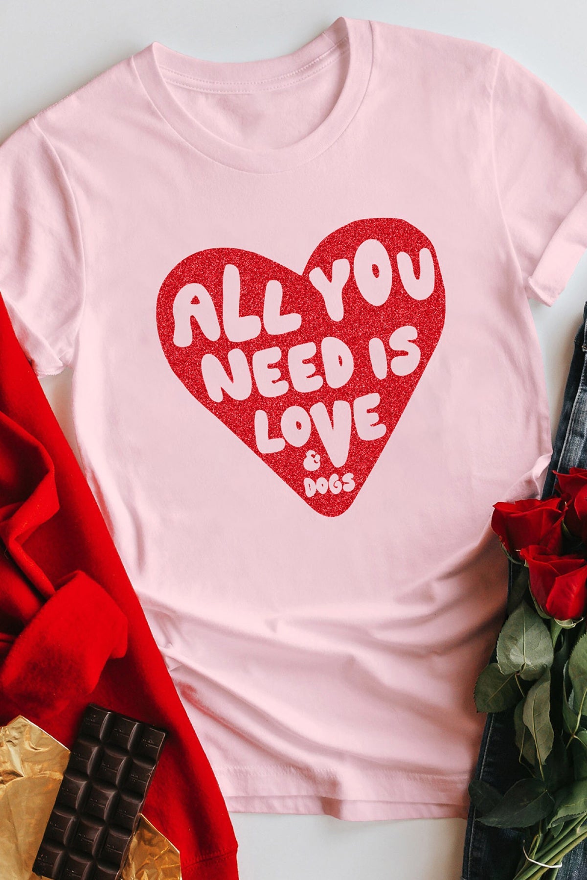 Pink All YOU NEED IS LOVE Heart Glitter Graphic T-Shirt